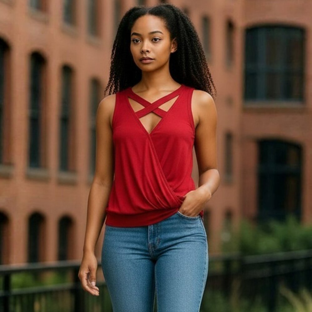 Lilian Women 0X 14 14W Grande Red Sleeveless Scoop V Neck Tunic Shirt Top Blouse
